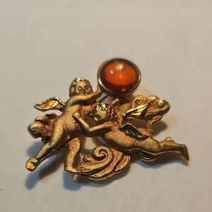 Gold Angel Brooch with Amber Accent